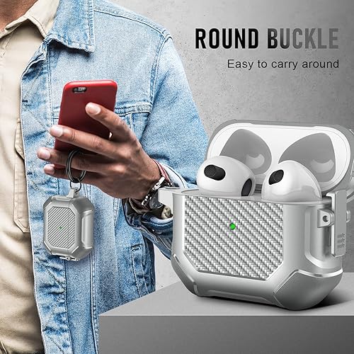 Vista 121 de Maxjoy Funda para AirPods Pro, clip de bloqueo seguro de fibra de carbono, cuerpo completo, a prueba de golpes, carcasa rígida con llavero