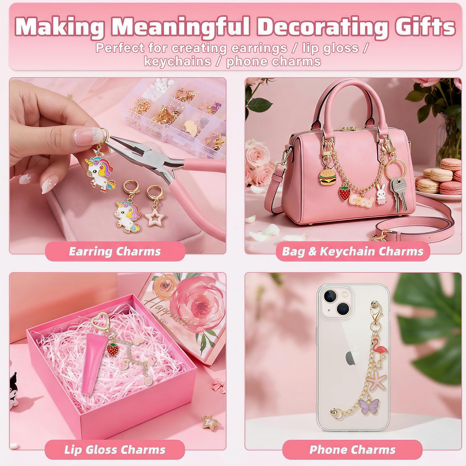 Ponygrass Keychain Making Supplies - DIY Lip Gloss Charms Kit 190 Pcs with Metal Jump Rings and Chain, Easy Assembly Craft Key Chain Making Kit (Pink ear clip pendant & keychain pendant)