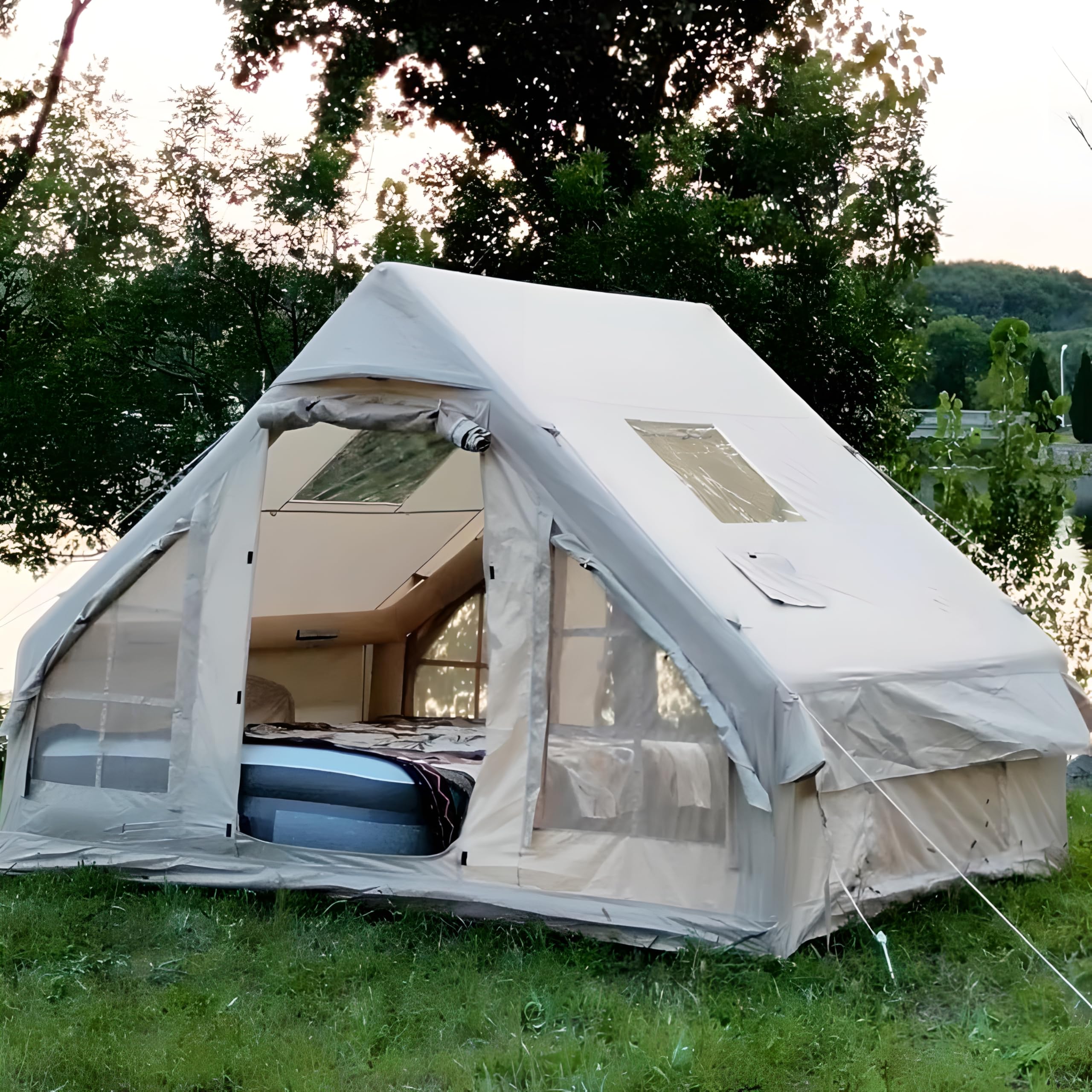 Tienda de campaña Inflable, Tienda de campaña climatizada al Aire Libre con Bomba Manual e Impermeable a Prueba de Viento, fácil instalación, Tienda de campaña de Tela de algodón para 4 Estaciones