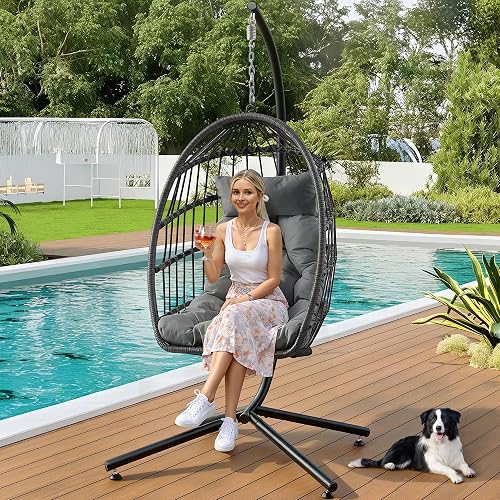 Hanging Egg Chair with Stand & Cushion - 350LBS Capacity Oversized Outdoor Foldable Patio Swing Chair, Thickened Metal Frame with Durable Rattan Wicker for Garden Porch Bedroom (Gray, Solo)