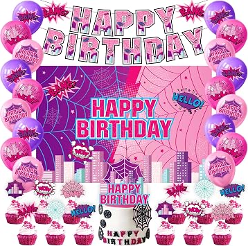 Pink Spider Web Birthday Party Supplies, Pink Spider Theme Party Decorations Including Birthday Banner, Backdrop, Balloons, Cupcake Toppers