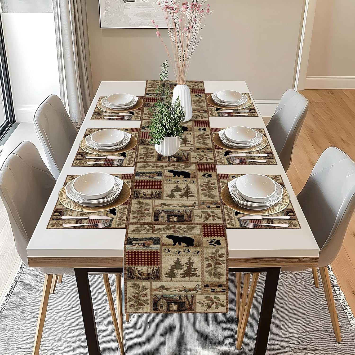 Rustic Cabin Bear Table Runner Placemats Set of 6,Patchwork
