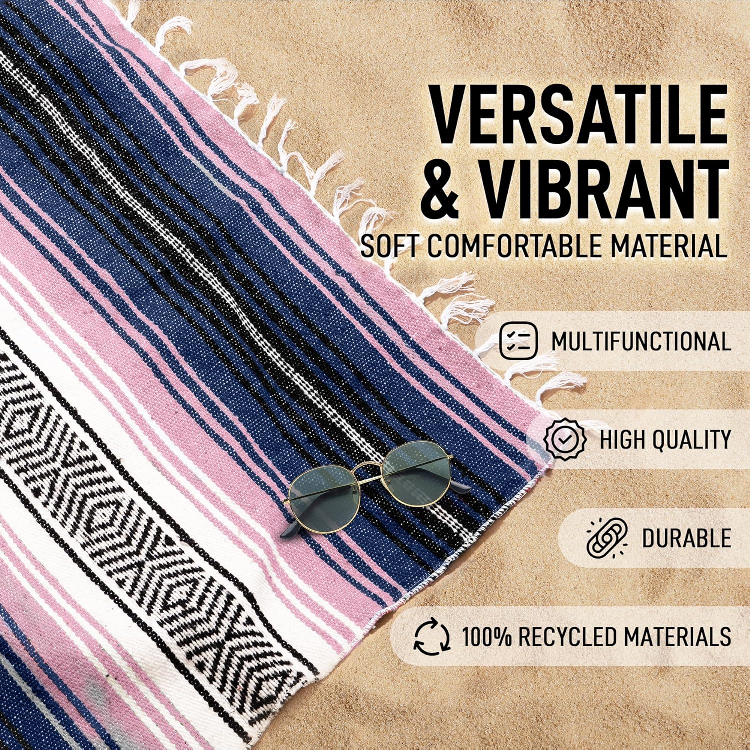 Hydration Nation Authentic Large Handwoven Mexican Blanket - Soft Yoga- Durable Serape- Lightweight Falsa, Beach, Camping, Picnic, Outdoor Blanket 70"x50" - Rose Pastel