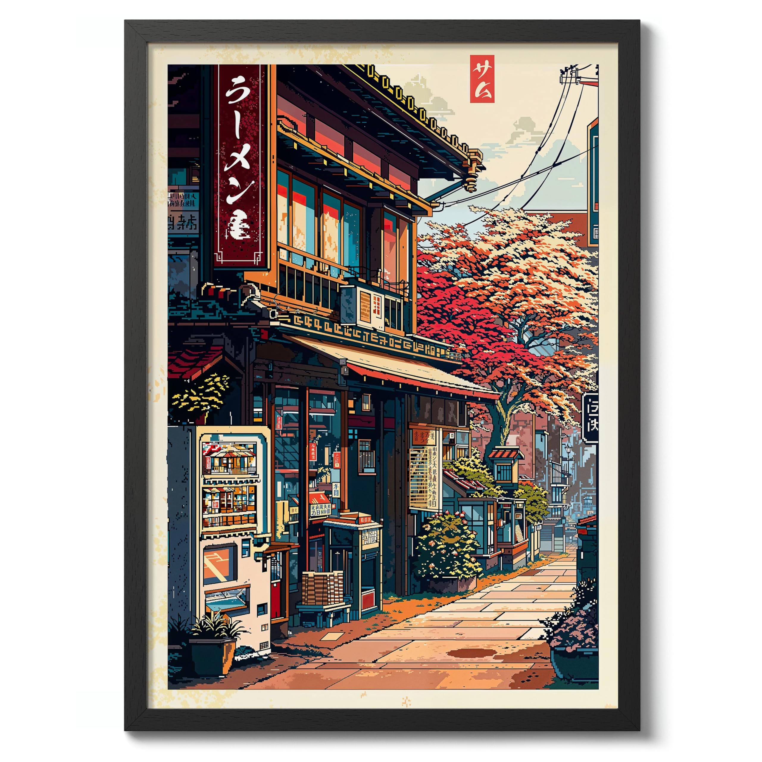 Pixel Ramen Shop Anime Woodblock Poster Modern Ukiyo-E, Japanese Cartoon Illustration Print, Archival Matte, A2 (Black Frame) - 59.4x42cm