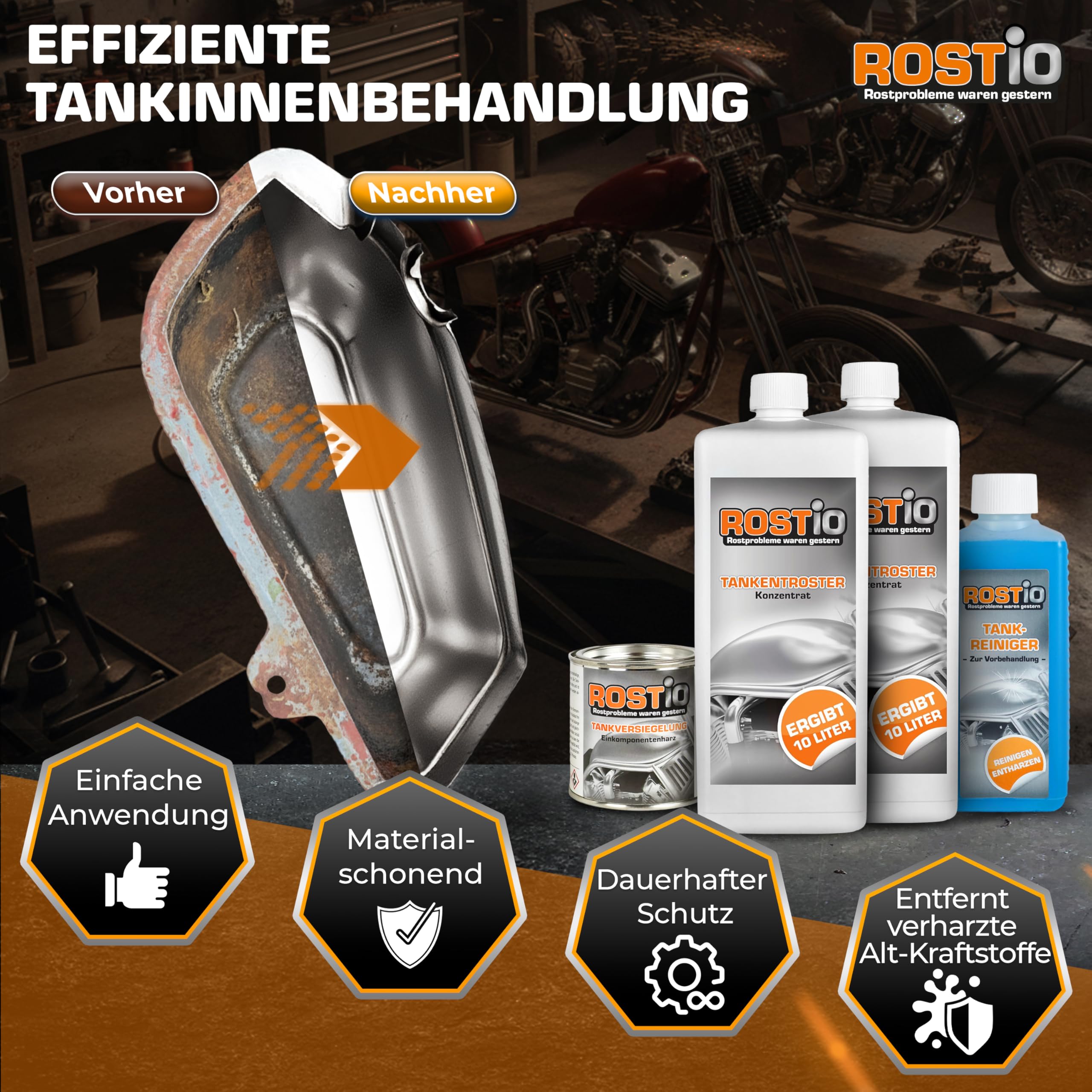 Rostio Tankentroster-Set 2L – inkl. 500ml Tankreiniger & 250ml Tankversiegelung – Mischverhältnis 1:10 (20 L Lösung) – Tanks bis 20L – Rostentferner & Korrosionsschutz – ethanolfeste Versiegelung