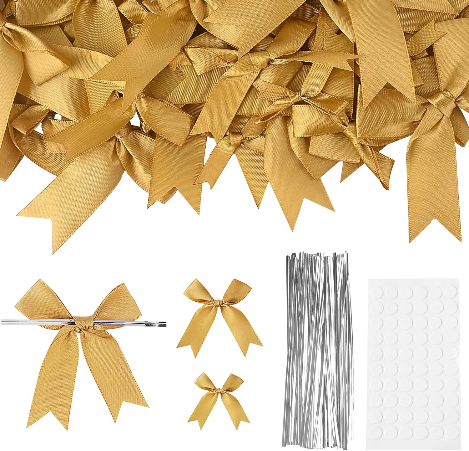 Oubest Gold Bows for Gift Wrapping, 60 PCS 1.57", 2.5" & 3.5" Satin Ribbon Gift Wrap Bows with Twist Tie for Christmas,Birthdays,Baby Shower,Weddings,Crafts,Holiday Presents,Party Decorations, Gold