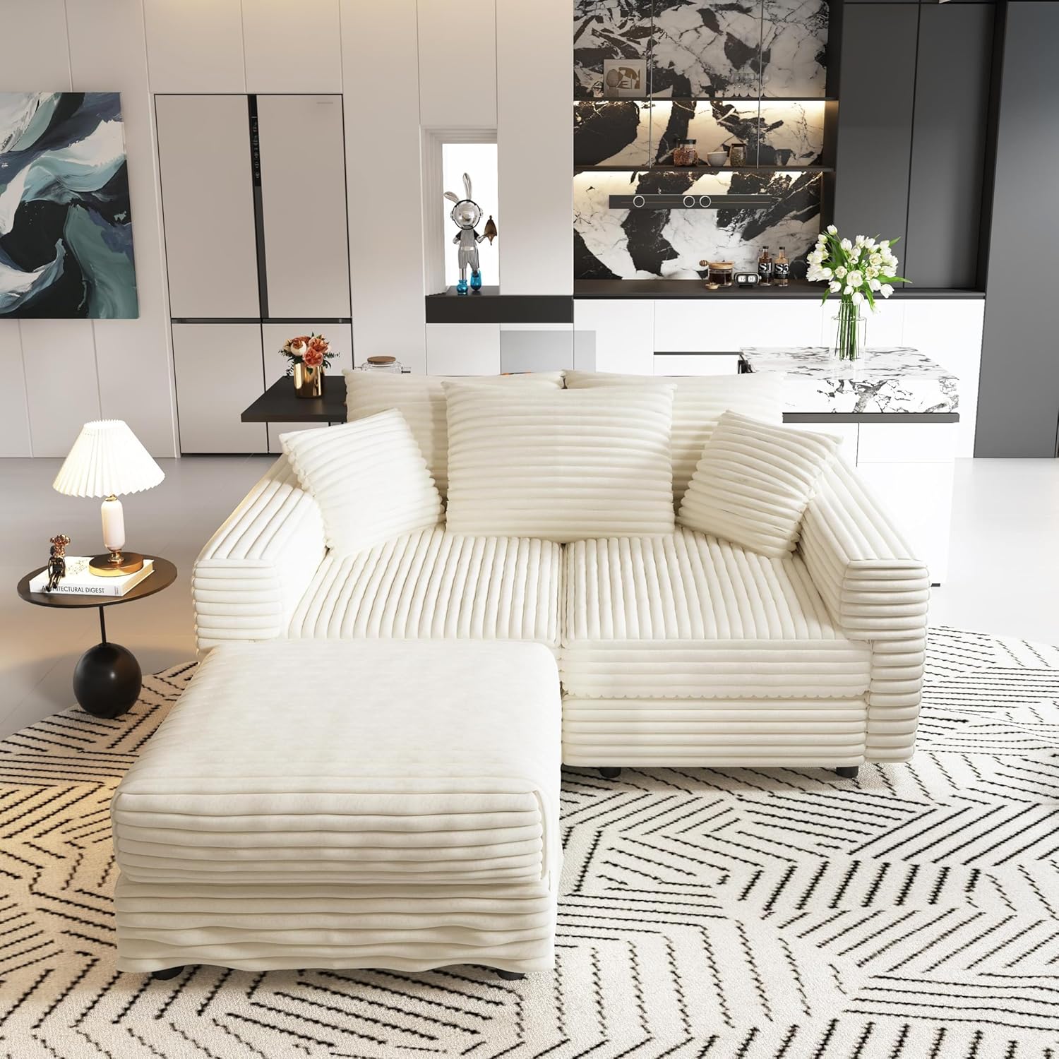 Corduroy Upholstered Sofa Set with Ottoman