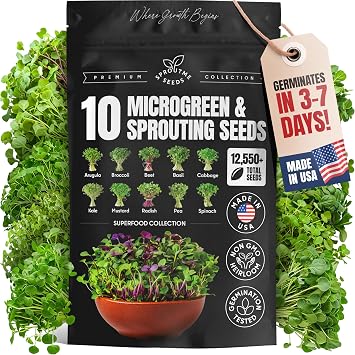 SproutMe Microgreens & Sprouting Seeds Variety Pack 10 Varieties for Indoor & Outdoor Growing, Non-GMO Heirloom Arugula, Beet, Basil, Broccoli, Cabbage, Kale, Mustard, Pea, Radish, Spinach