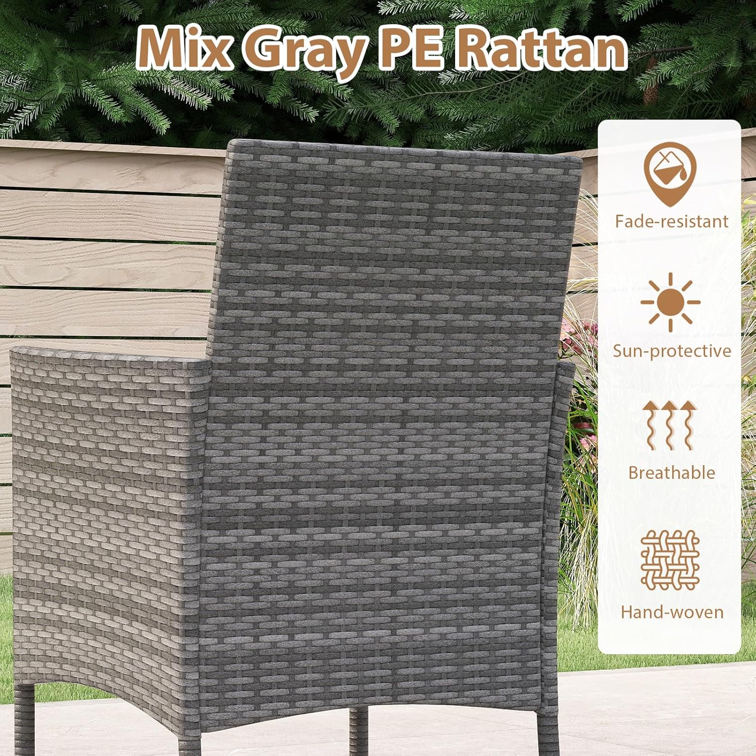 HAPPYGRILL 5 Pieces PE Wicker Patio Dining Set with Table and Chairs with Cushions, Outdoor Patio Furniture Set for Deck, Garden and Backyard (Grey Black & Wood)