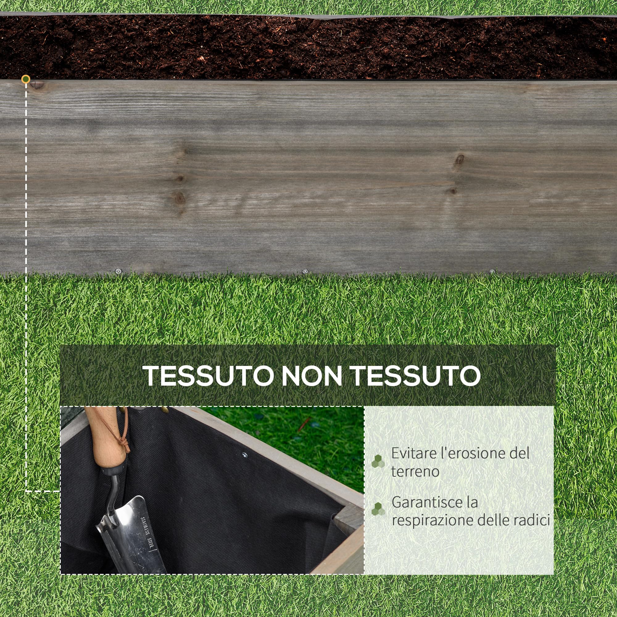 Outsunny Letto per Orto Rialzato da Esterno 96x30.6x30 cm Grigio Chiaro | Ruote a Freno, Strato in Tessuto non Tessuto, Fioriera da Esterno Rettangolare in Abete, Fori di Drenaggio