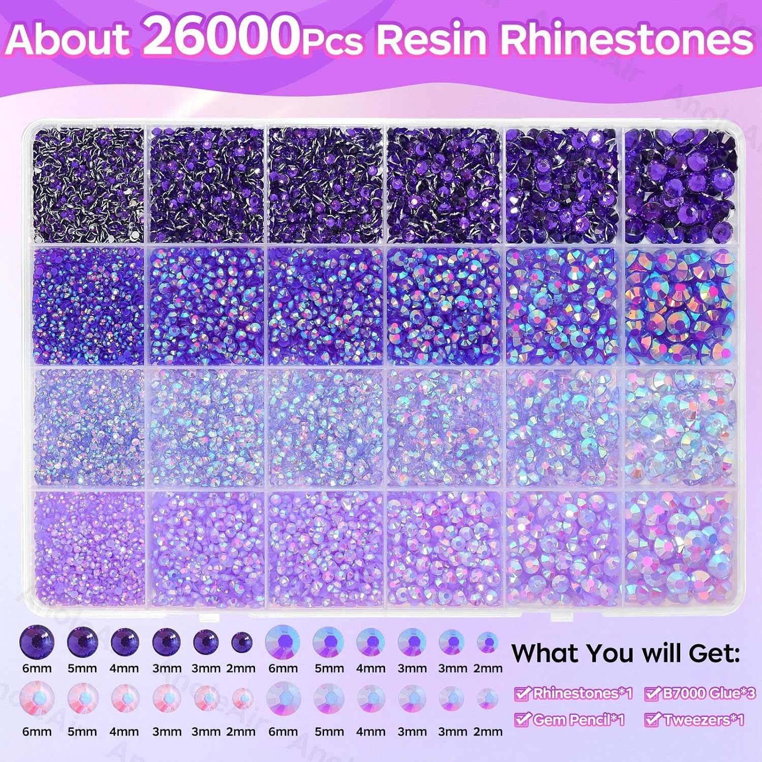 26000PCS Purple Resin Flatback Rhinestones for Crafting, Resin Rhinestones for Bedazzling Kit, 2/3/4/5/6mm Flatback Gems Jewels for DIY Mugs Tumblers Clothing Shoes Nail Art