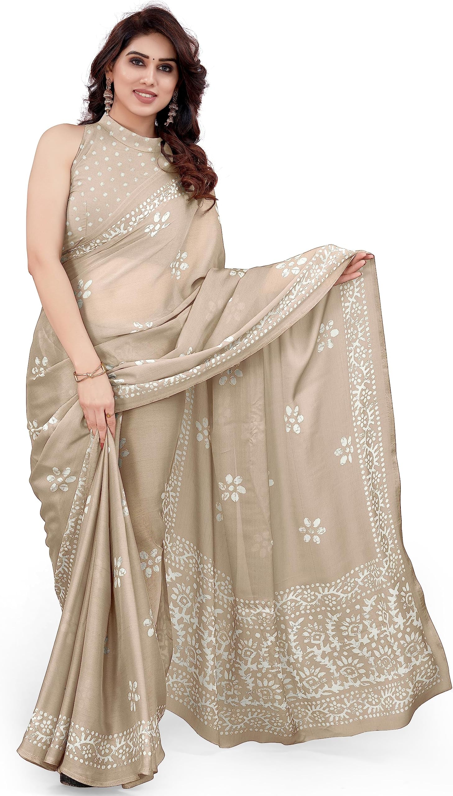 MIRCHI FASHION Women's Latest Chiffon Batik Printed Saree with Blouse Piece, Beige, Off White, One Size, Beige, Off White, One Size