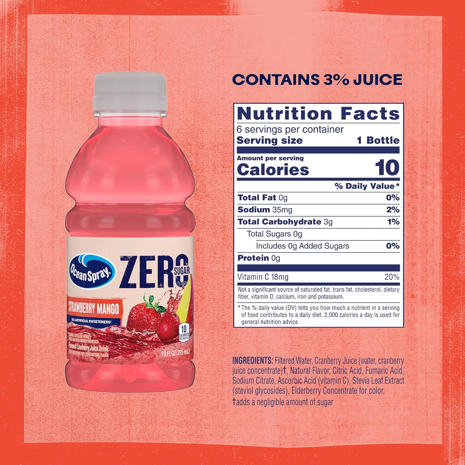 Ocean Spray® ZERO Sugar Strawberry Mango Juice Drink, Strawberry Mango Juice Drink Sweetened with Stevia, 10 Fl Oz Bottle, 6 Count (Pack of 4) Strawberry Mango 60 Fl Oz (Pack of 4)