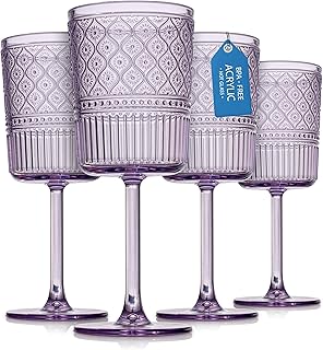 Godinger Wine Glasses, Acrylic Wine Glass Cups with Stem, Red Wine Glasses, Plastic Drinking Glasses, Vintage Romantic Decor - Clear, Set of 4 (Lavender)