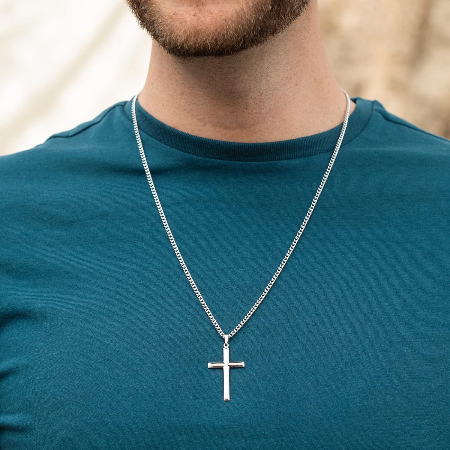 Men's Sterling Silver Catholic Cross Pendant Necklace, Masculine And Rugged 925 Sterling Silver Beveled Edge Cross Pendant, 24 " (Inch) Stainless Steel Curb Chain Necklace With A Spring Ring Clasp