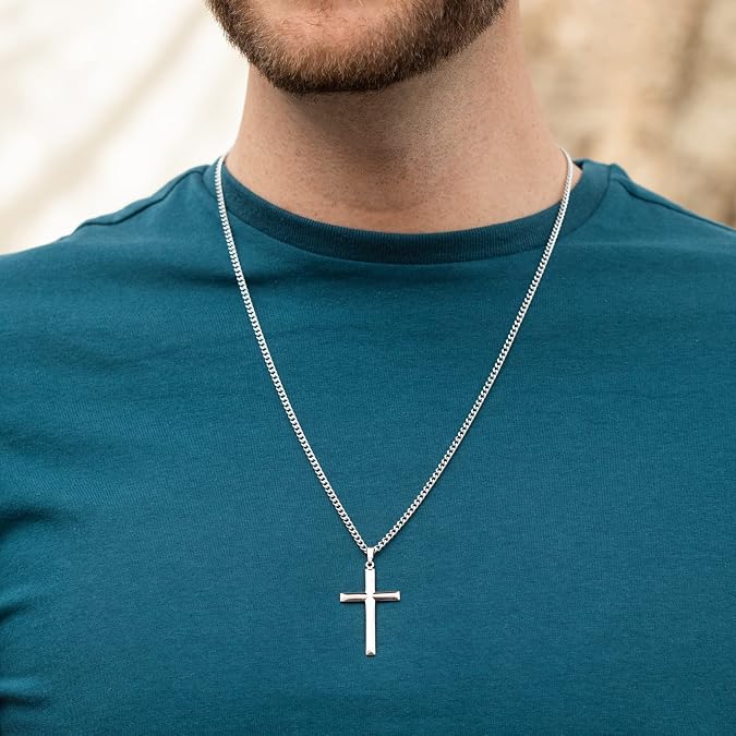 Men's Sterling Silver Catholic Cross Pendant Necklace, Masculine And Rugged 925 Sterling Silver Beveled Edge Cross Pendant, 24  (Inch) Stainless Steel Curb Chain Necklace With A Spring Ring Clasp