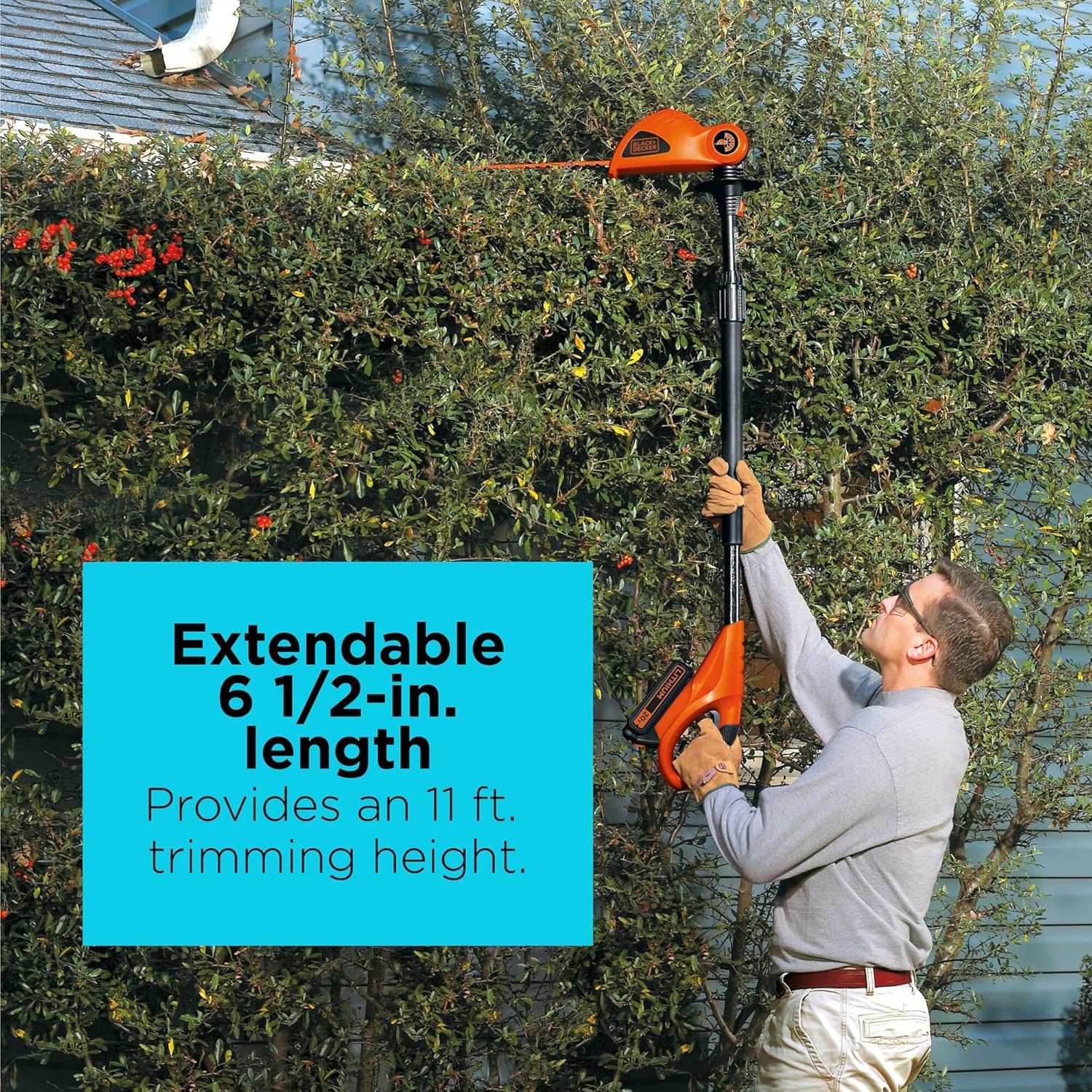 BLACK+DECKER 20V MAX Pole Hedge Trimmer Cordless with Battery and Charger, 18-Inch Dual Action Blade Power Hedge Trimmer, Extended Long Reach Hedger Up to 11 Ft, 180 Degrees Pivoting Head (LPHT120)