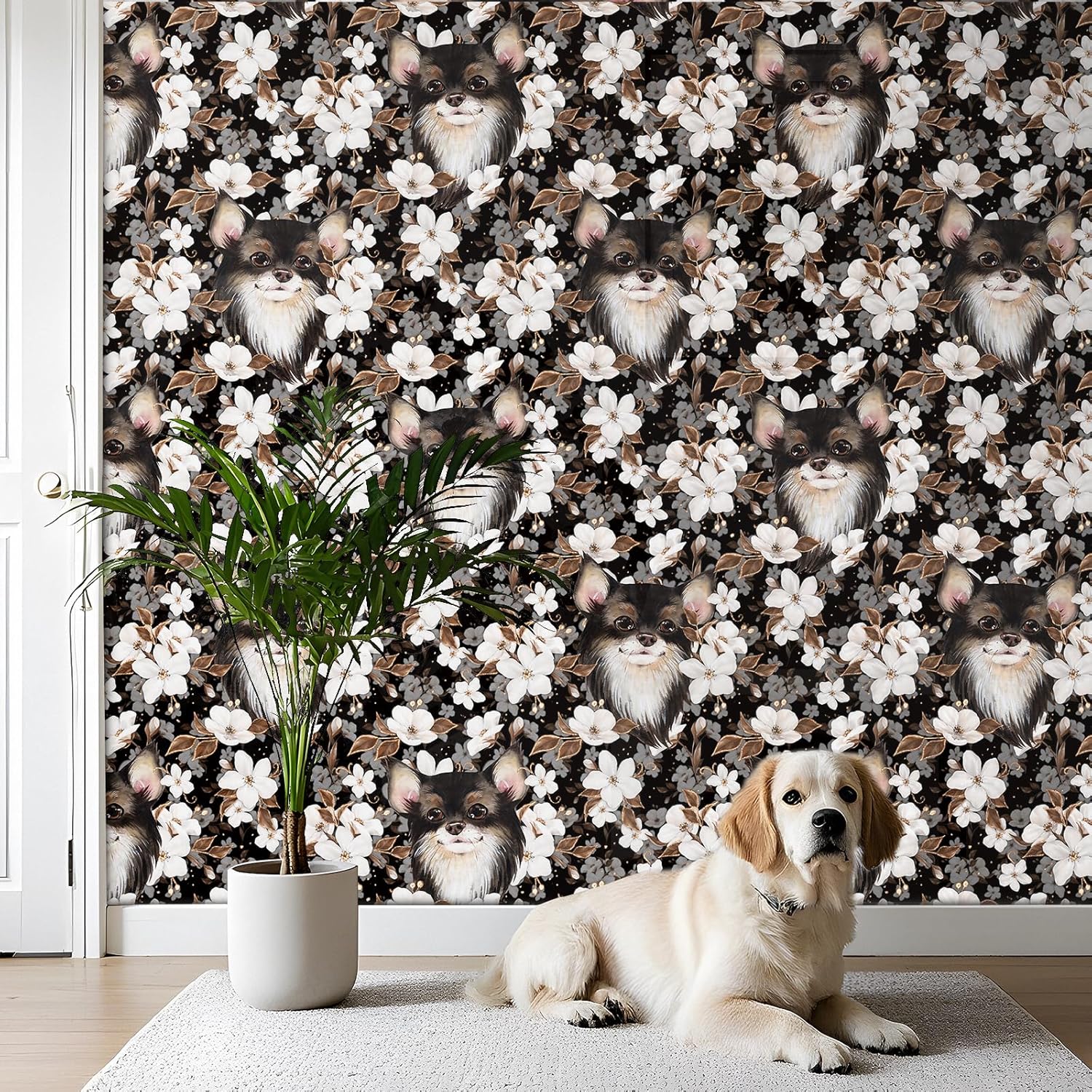 ReWallpaper Black and White Dog Wallpaper Peel and Stick Vintage Floral Contact Paper Removable Wall Mural with Chihuahua Pattern Wall Decor for Cabinets Kids Room Bathroom Accent Walls 17.5inX23ft