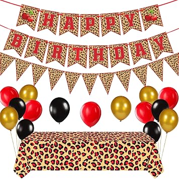 Leopard Party Decorations Cheetah Cherry Happy Birthday Banner Cheetah Theme Balloons Leopard Print Tablecloth for Girls Women Safari Wild Birthday Party Supplies Red Leopard Print