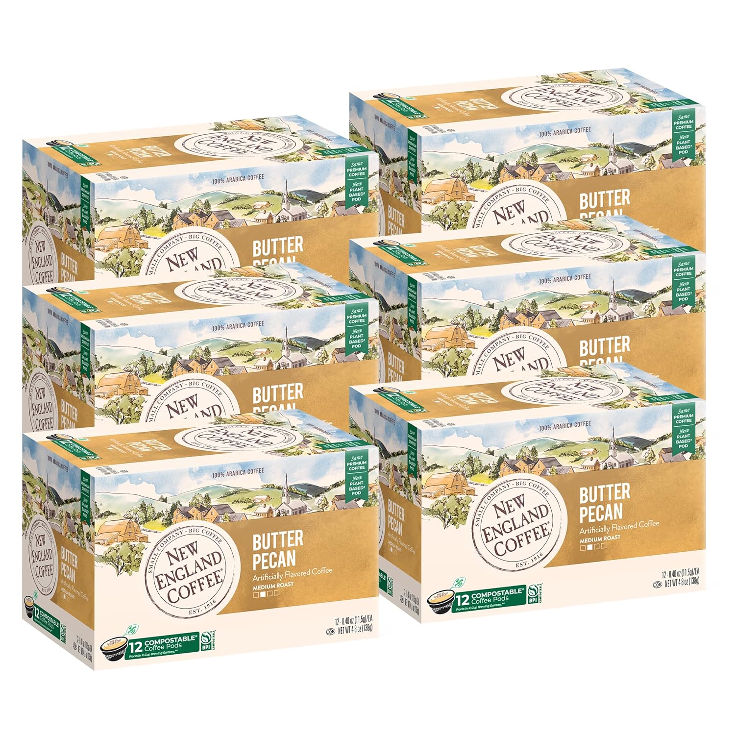 New England Coffee Butter Pecan Medium-Roast K Cup Coffee Pods, 12 Count (Pack of 6), Rich & Buttery Flavor