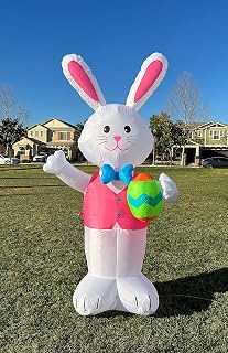 Jumbo 8 Foot Tall Happy Easter Inflatable Bunny Rabbit with Egg Pre-Lit LED Lights Outdoor Indoor Holiday Blow up Lighted Yard Lawn Home Family Outside Decor Party Decoration