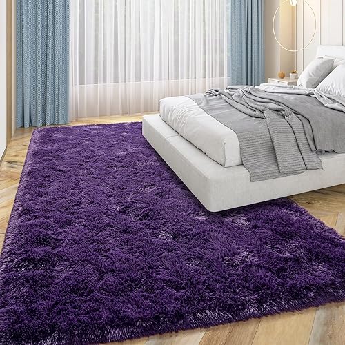 Miniatura 3 de Alfombra de área de color morado oscuro para sala de estar, 5 x 8 pies, alfombras peludas y esponjosas para dormitorio, alfombra supersuave y