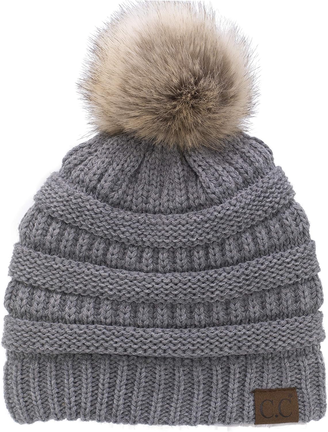 C.C Soft Stretch Cable Knit Ribbed Faux Fur Pom Pom Fuzzy Sherpa Fleece Lined Skull Cap Cuff Beanie Hat, Light Melange Grey at  Women’s Clothing store
