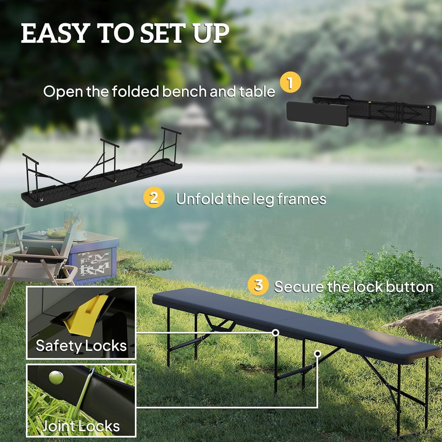Portable 6-Foot Folding Benches (2-Pack): Waterproof HDPE Seats, Powder-Coated FFor rame, 529lb Load, Fold to 36.2", Black