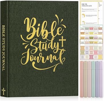 Lanpn Bible Study Guide Journals for Women with Tabs & Highlighters, Church Notes Taking Daily Devotional Journaling, Linen Bible Prayer Notebook Christian Religious Faith Based Gifts, Green