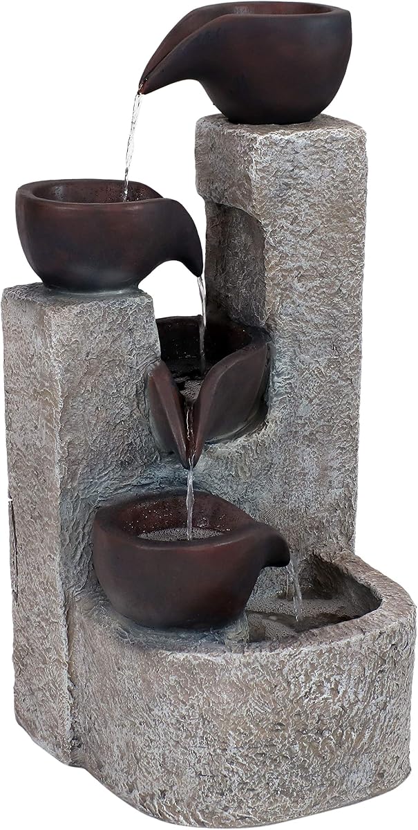 Sunnydaze Aged Tiered Vessels Solar Fountain with Battery Backup - 29-Inch | Electric Submersible Pump - Polyresin Construction - 1.8-Gallon Water Capacity - For Patio, Yard, Balcony, or Deck