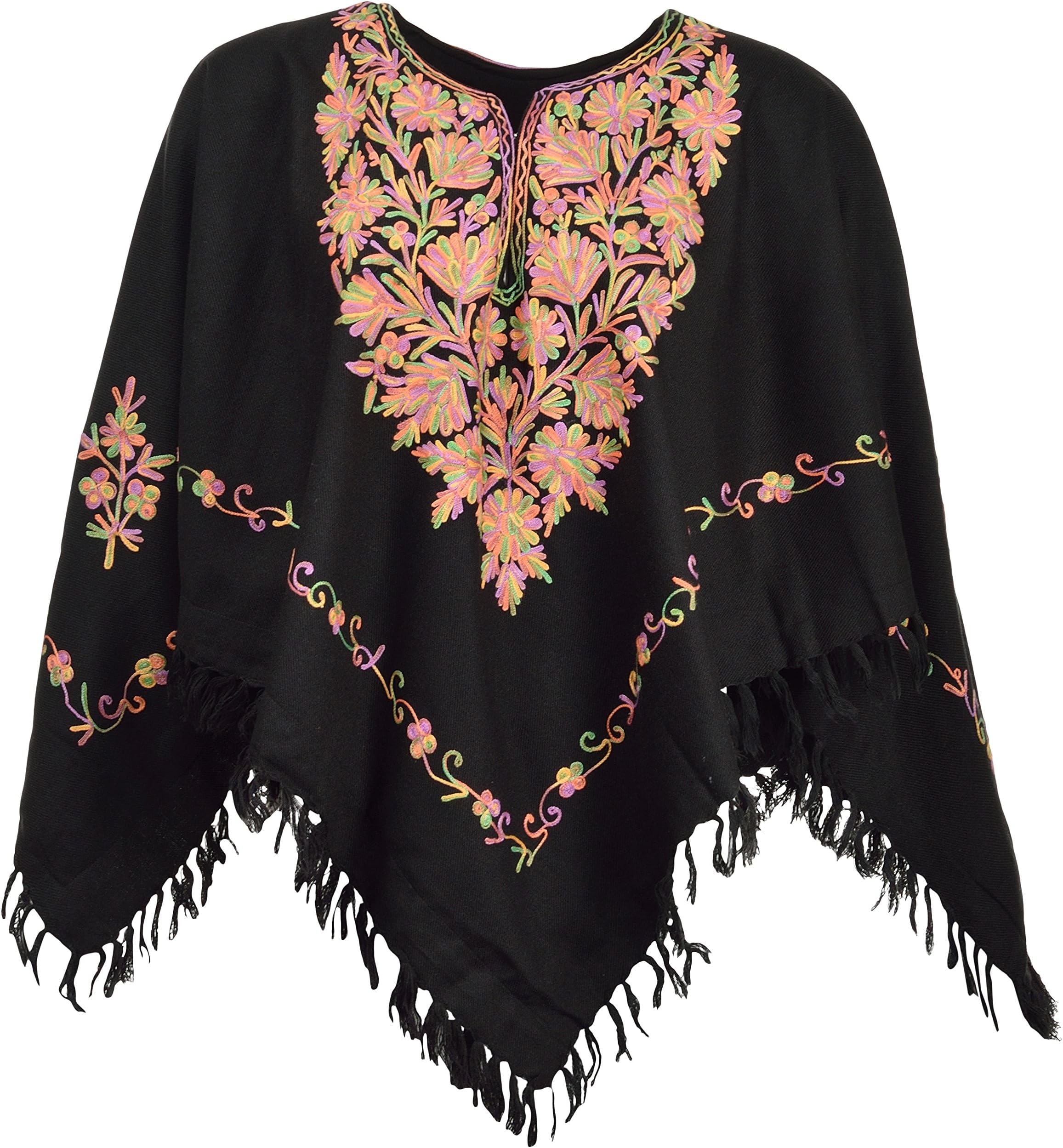 The MadhuSudan Gallery Women's Kashmiri Wool Poncho Embroidery with Silk Lining (AA 24, Black, Free Size)