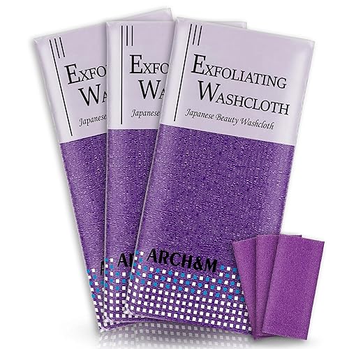 ARCH&M Paño exfoliante exfoliante corporal para la espalda, paño de baño japonés, toalla coreana de luffah, esponja de belleza, paquete de 3 (morado