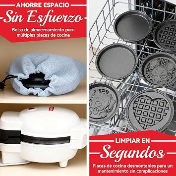 SugarWhisk 6 in 1 Mini Waffle Maker with Removable Plates, 4.5'' Mini Waffle Iron for Holiday, Waffle Maker, 8 Ceramic Coated Plates, White