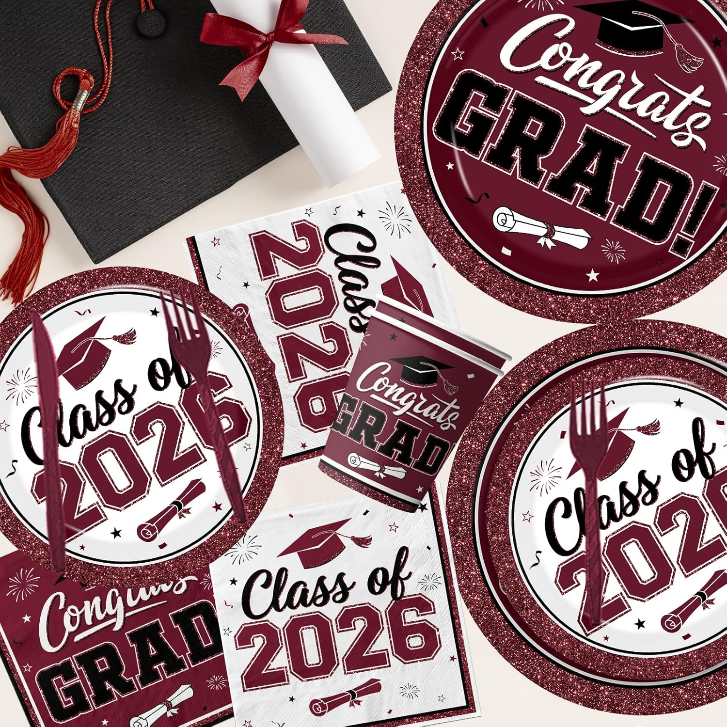 2026 Graduation Decorations Tableware,Maroon White Graduation Plates and Napkins,Class of 2026 Congrats Grad Party Supplies Disposable Tablecloth Cup Knife Fork for Graduation Party Decor,Serve 25