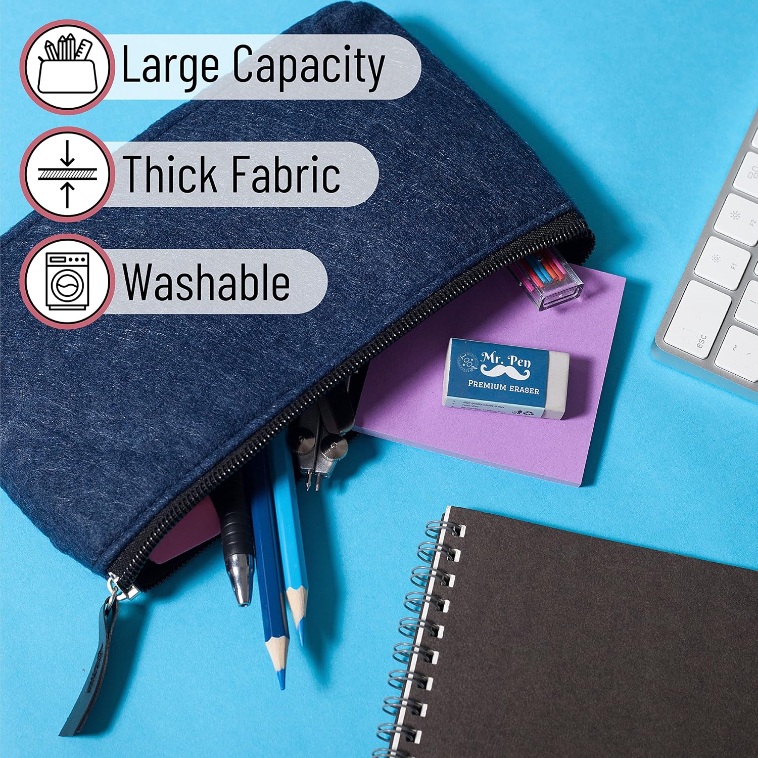 Mr. Pen- Pencil Case, Pencil Pouch, 3 Pack, Blue, Felt Fabric Pencil Case, Pen Bag, Pencil pouch Small, Pen Case, School Supplies, Pencil Case, Pencil Bags, Pen Pouch, Pencil Pouches with Zipper