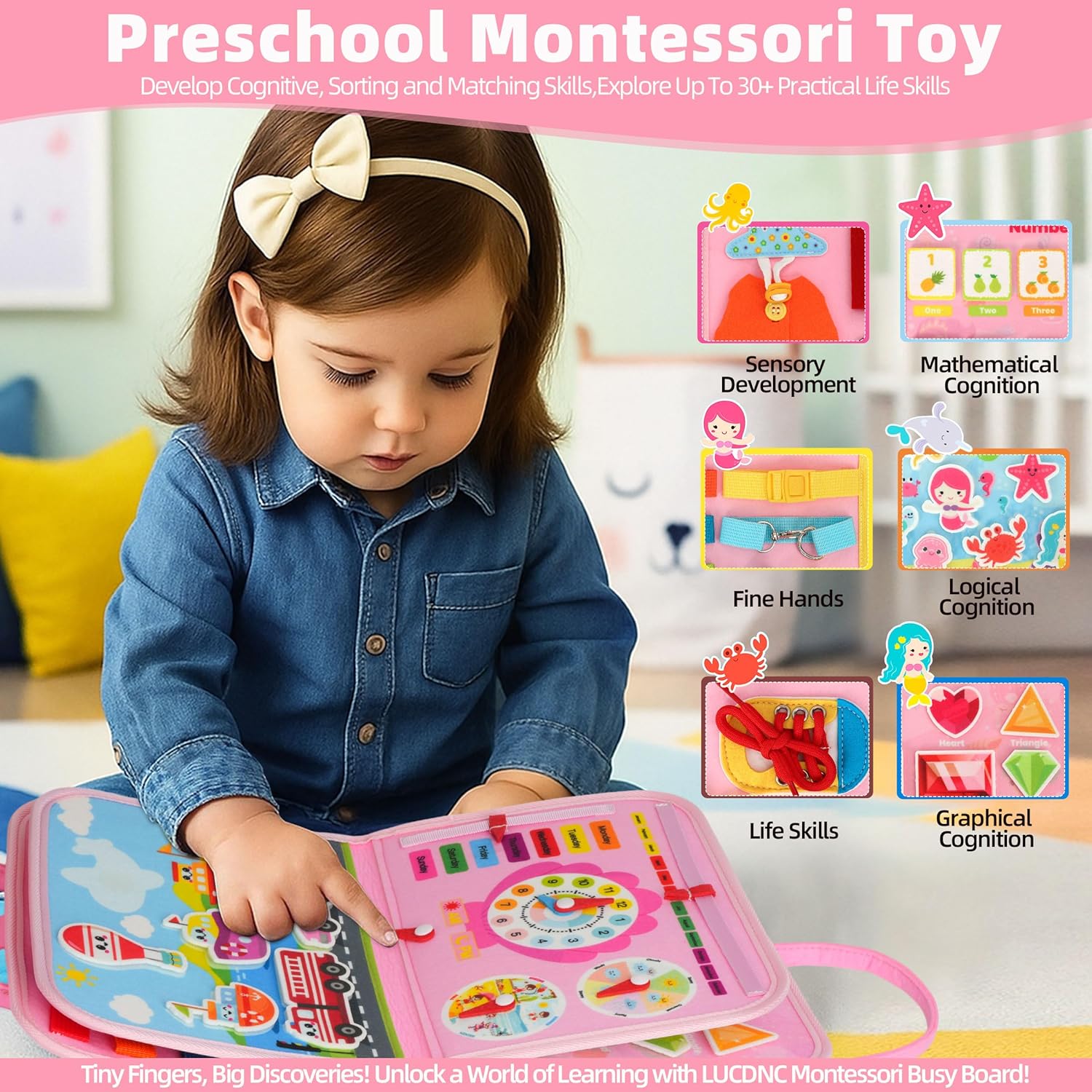 Toddler Busy Board Montessori Toys for 3 Year Old Birthday Gifts for Kids 10 Pages in 1 Soft Felt Activity Book Develop Fine Skills Educational Learning Sensory Travel Toys for Airplane Car