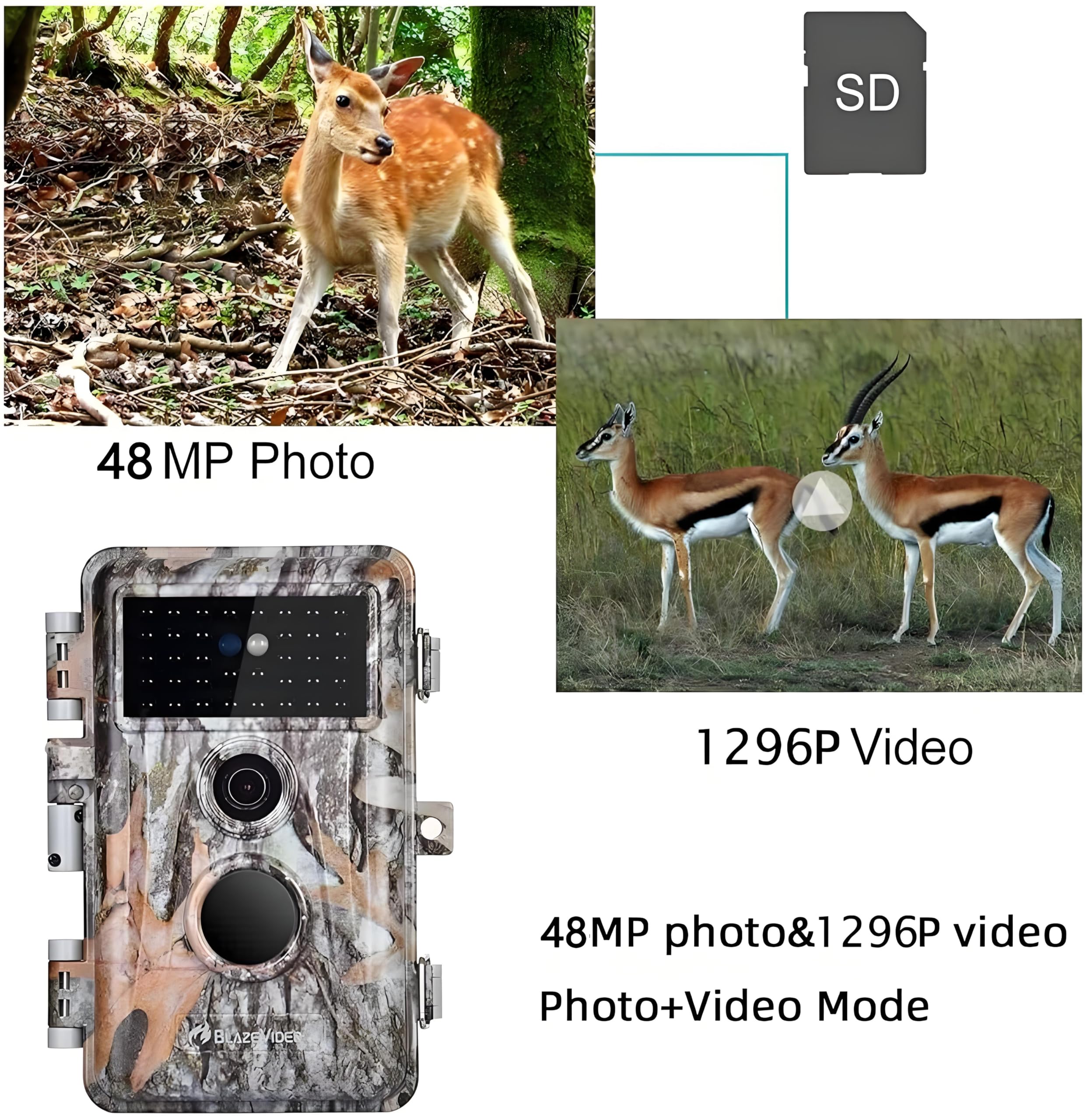 BLAZEVIDEO 2 Pièces Caméra de Chasse, 48MP Photo 1296P Video Camera de Surveillance, avec Capteur de Mouvement, 36pcs IR LEDs Infrarouge 75ft Vision Nocturne, IP66 Étanche et 2.4" Écran LCD