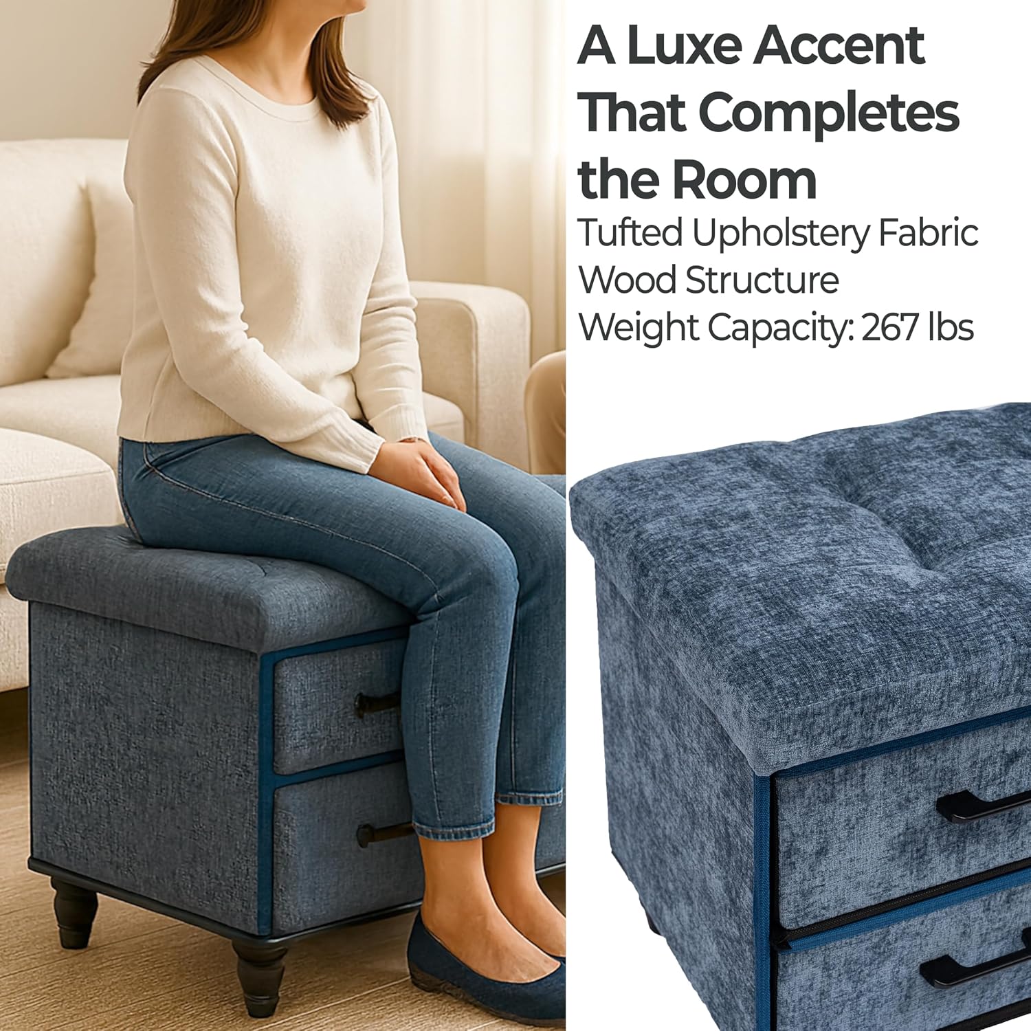 Storage Ottoman with Lid, Upholstered Bench Footrest for Living Room Furniture, Bedroom Decor Seat, Hidden Organizer for Home Use, Blue