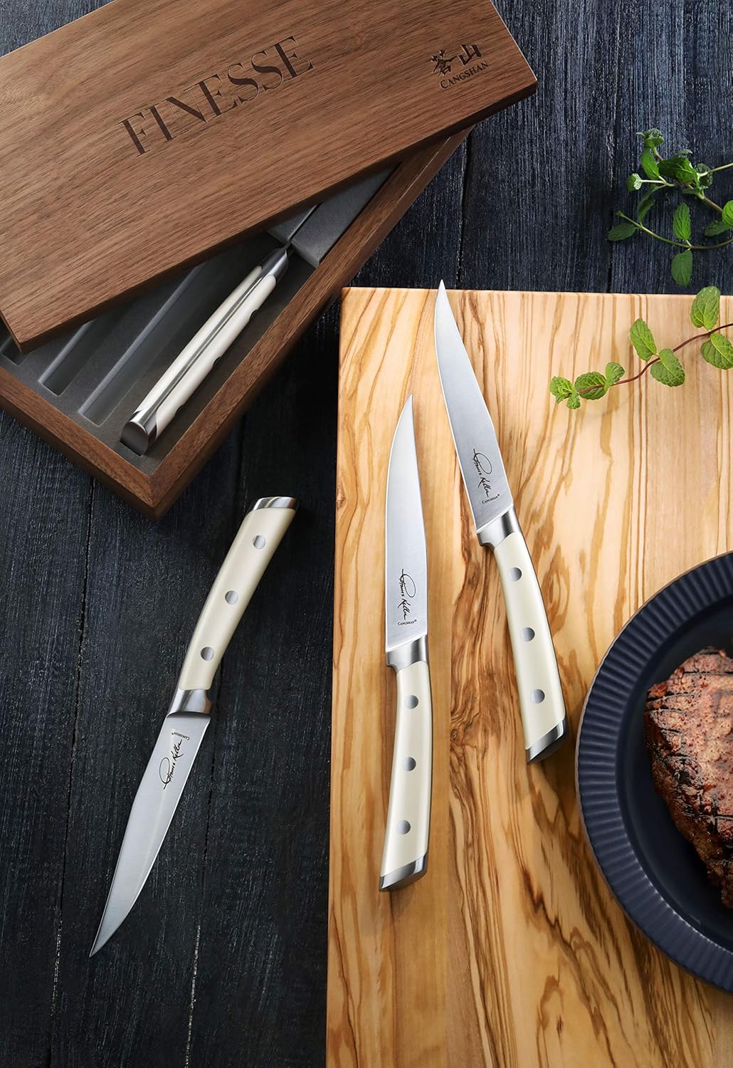 Cangshan | Thomas Keller Signature Collection 4-Piece Forged Straight Edge Steak Knife, Walnut Box