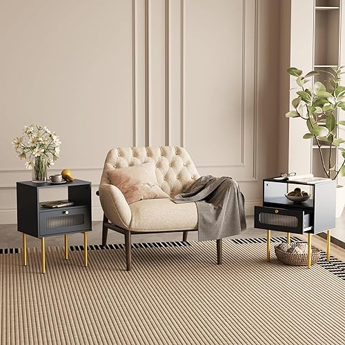 Miniatura 2 de Mesita de noche, mesa auxiliar moderna negra con cajón de almacenamiento y estante de madera abierto, mesa auxiliar pequeña con puerta decorativa de