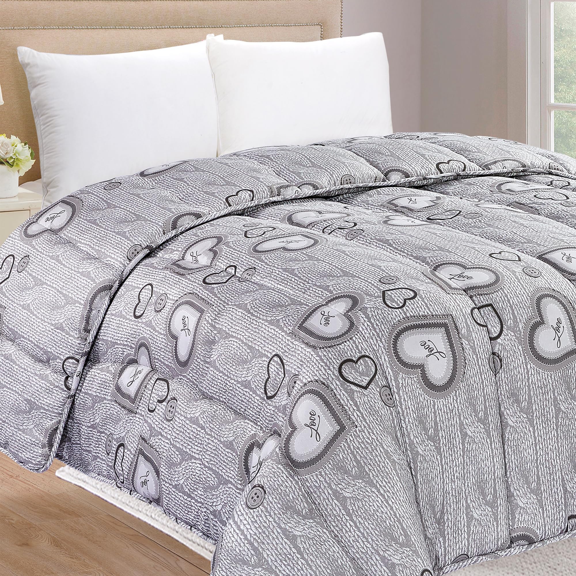 Home Tresor - Trapunta Matrimoniale Invernale Imbottita Shabby Chic, Piumone Letto Caldo Pesante Autunno Inverno 325 gr/mq Trapuntato in Morbida Microfibra Love Cuori