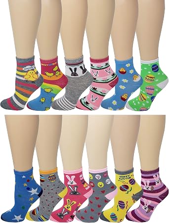 Ayla 12 Pairs Pack Kids Girls Colorful Creative Fun Novelty Design Crew Socks 6-8, Easter Holidays