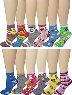 Different Touch 12 Pairs Pack Kids Girls Colorful Creative Fun Novelty Design Crew Socks