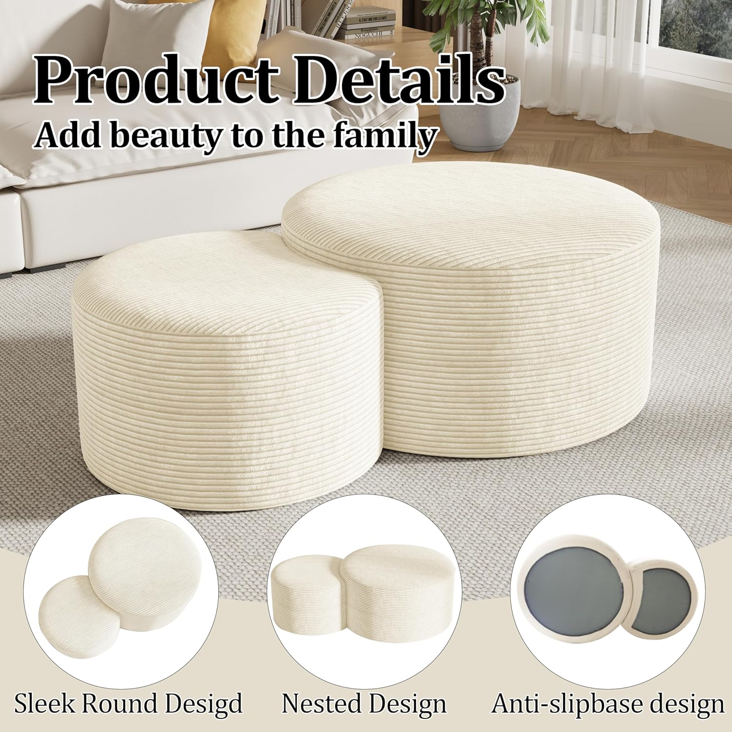 Round Nesting Coffee Table Set of 2,Upholstered Foam Ottoman Footrest Side Table Set,Modern Flannel Circle Coffee Table No Assembly for Living Room Entryway Bedroom,Beige