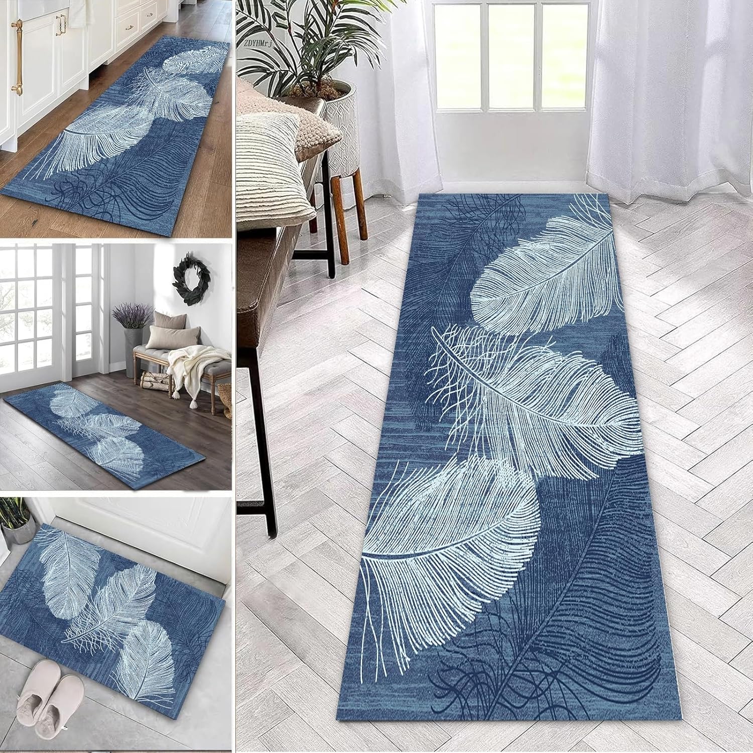 Amazon.com: Gaommini Blue Hallway Runner Rug - White Feather Design ...