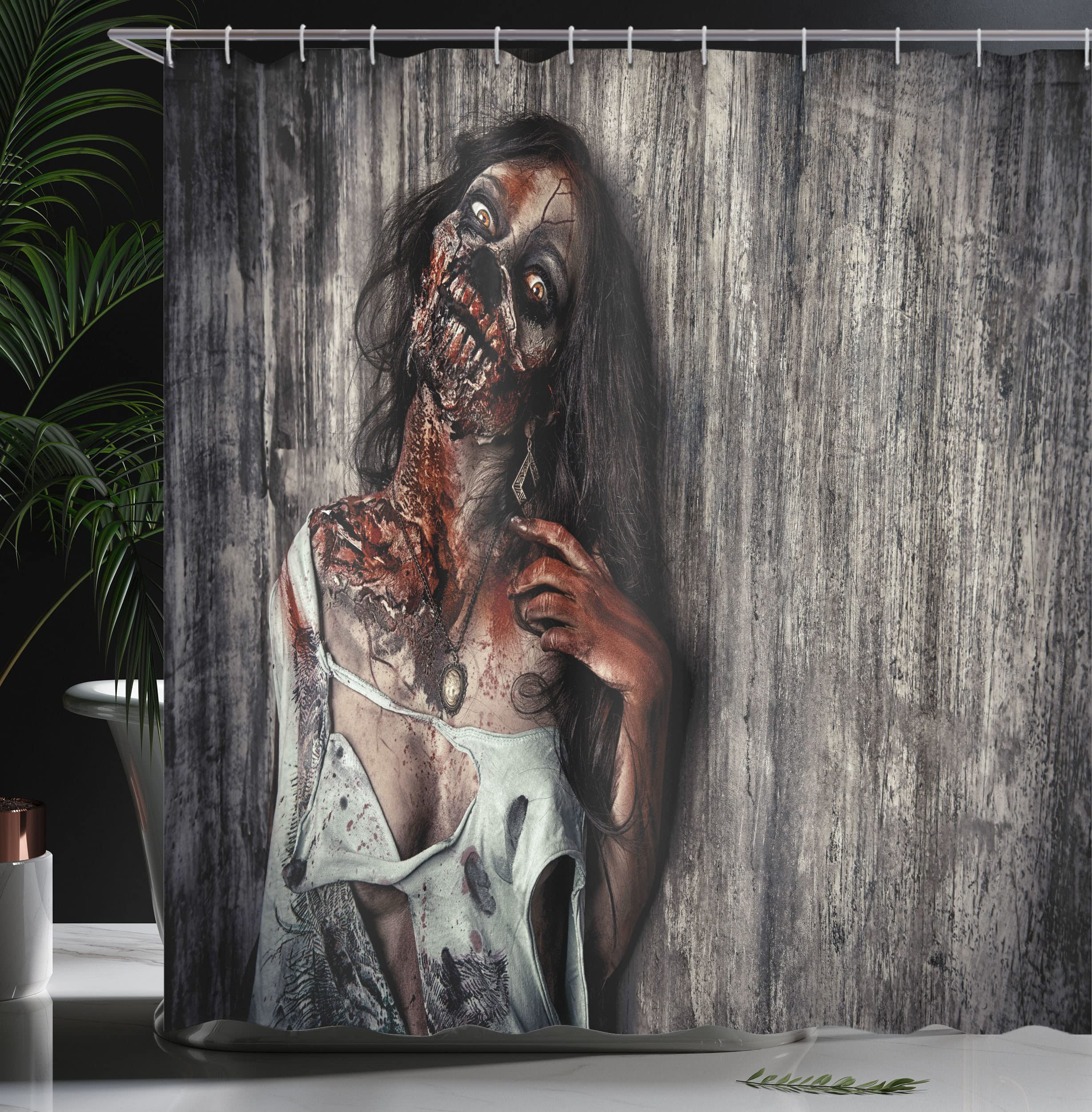 ABAKUHAUS Zombie Shower Curtain, Angry Dead Woman Sacrifice Fantasy Design Mystic Night Halloween Image - Image 3