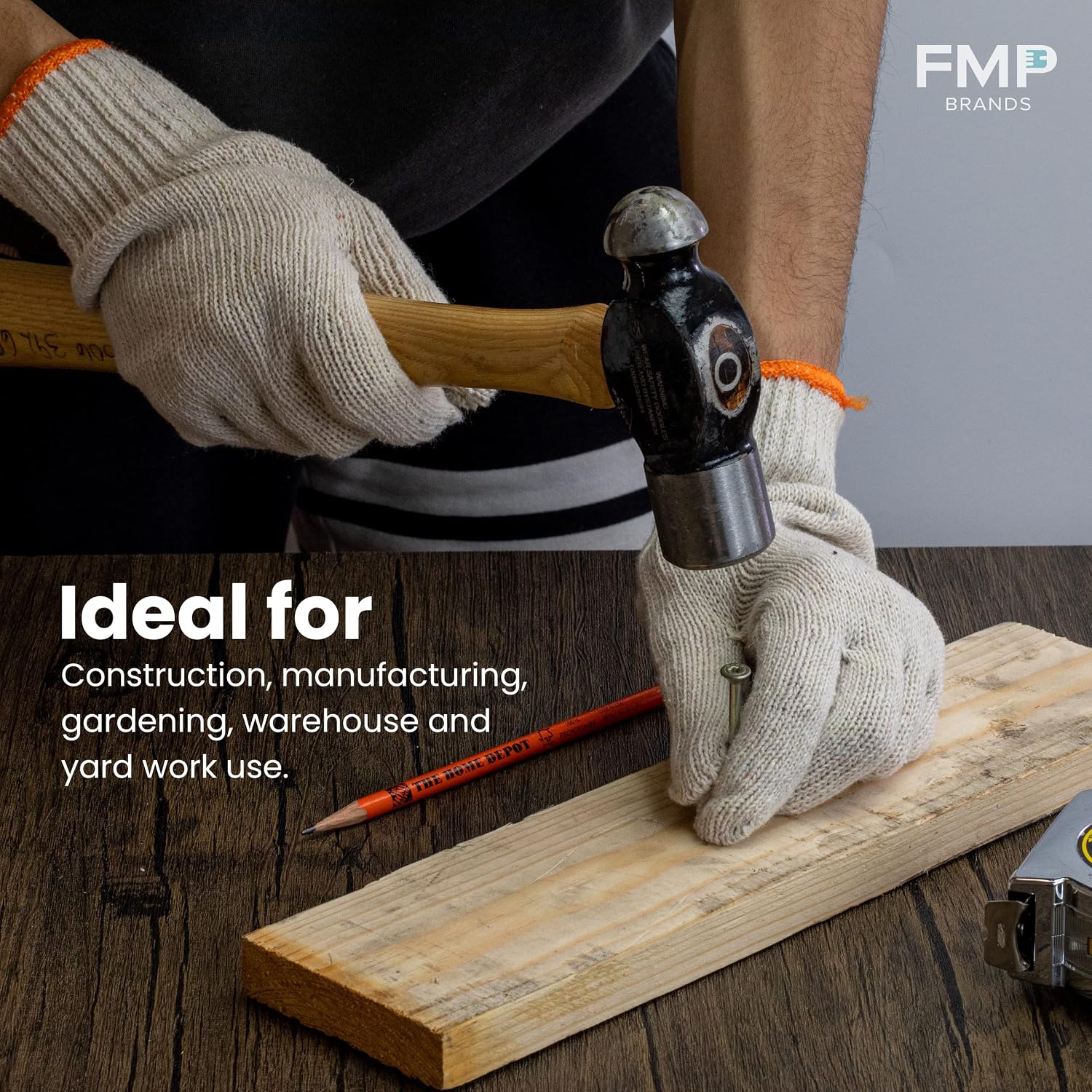 FMP Brands [12 Pairs, Large] Polyester Cotton Knit Safety Protection Grip Work Gloves for Painter Machanic Industrial Warehouse Gardening, Men Women, Natural Beige - 24 Count Bulk