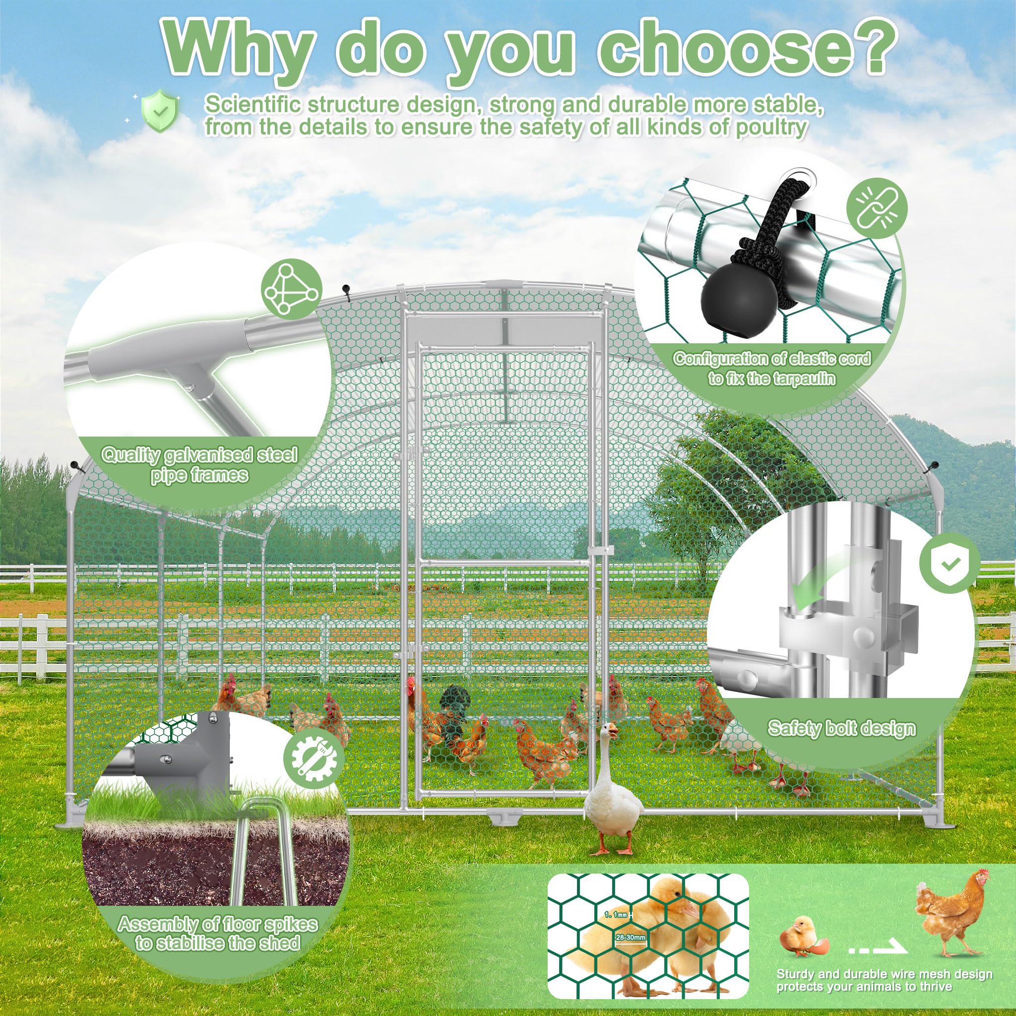 ORHEYA Gabbia per animali domestici, pollaio, in metallo zincato, 3 x 8 m, resistente all'inverno, per pollo, gallina, con tetto parasole e castello, per piccoli animali, pollame, piante