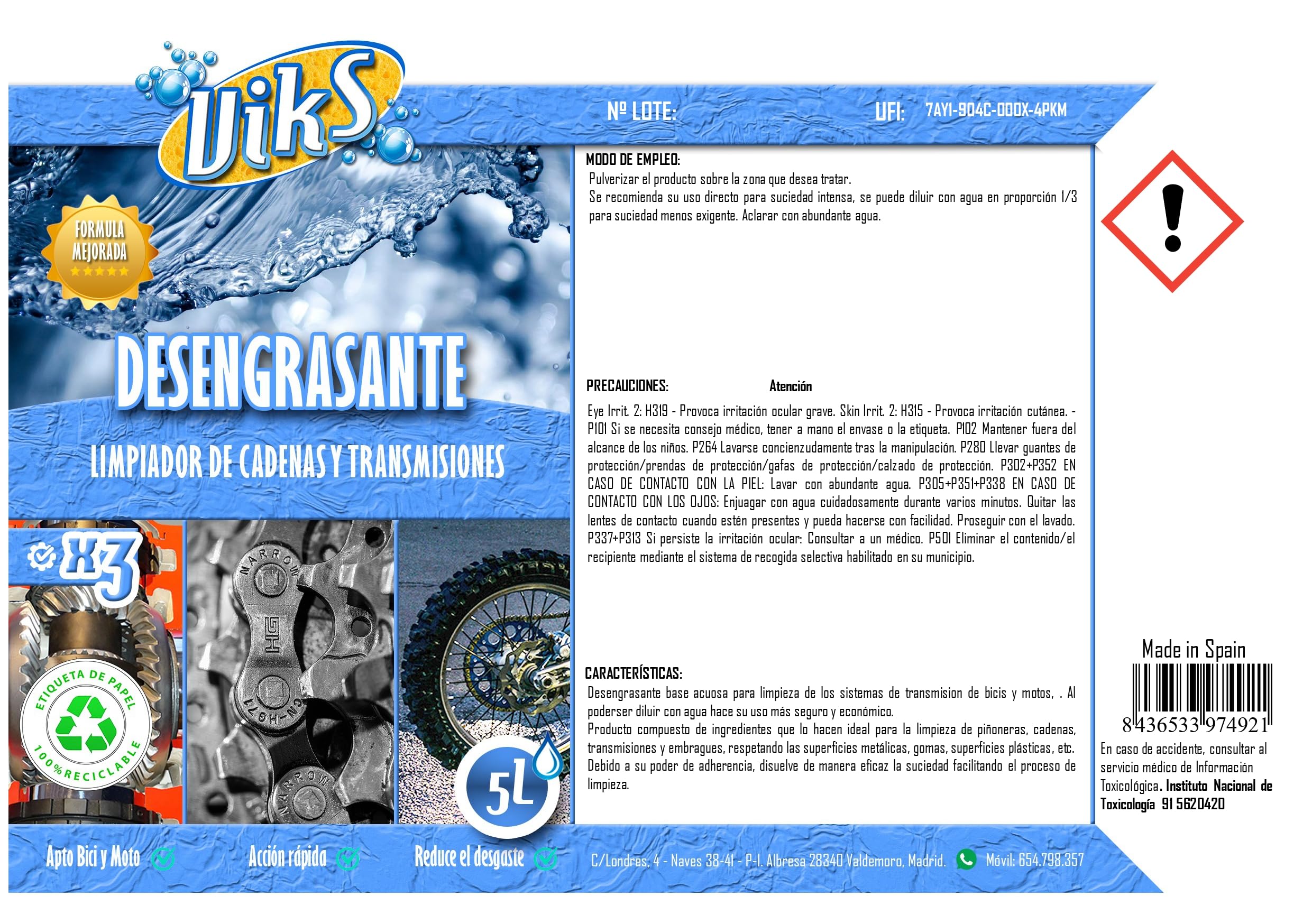 Viks | Dégraissant Chaîne Vélo & Moto | Biodégradable | Enlevez la saleté accumulée sans l’endommager | Convient pour les chaînes et les transmissions | 5 litres