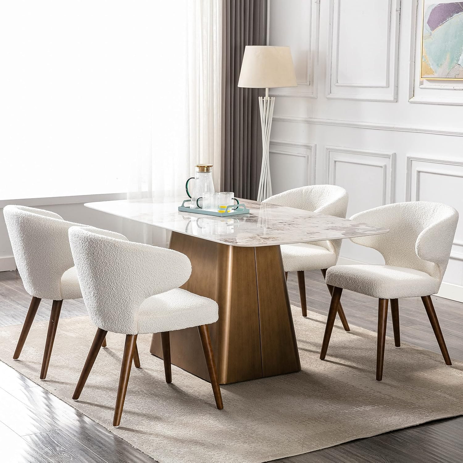 Upholstered Accent Arm Chairs Set of 6, Faux Sherpa Mid Century Modern ...